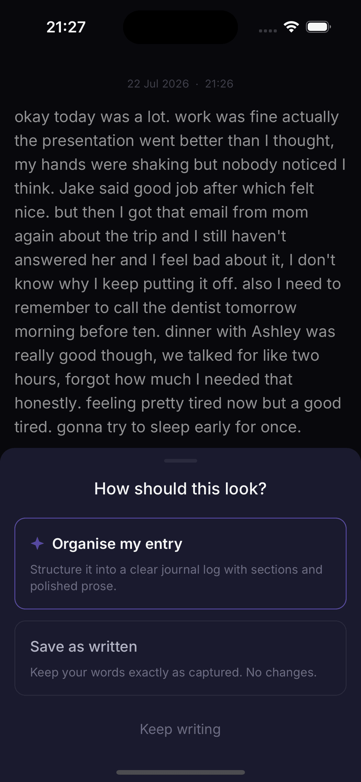 Save as written / Organize entry