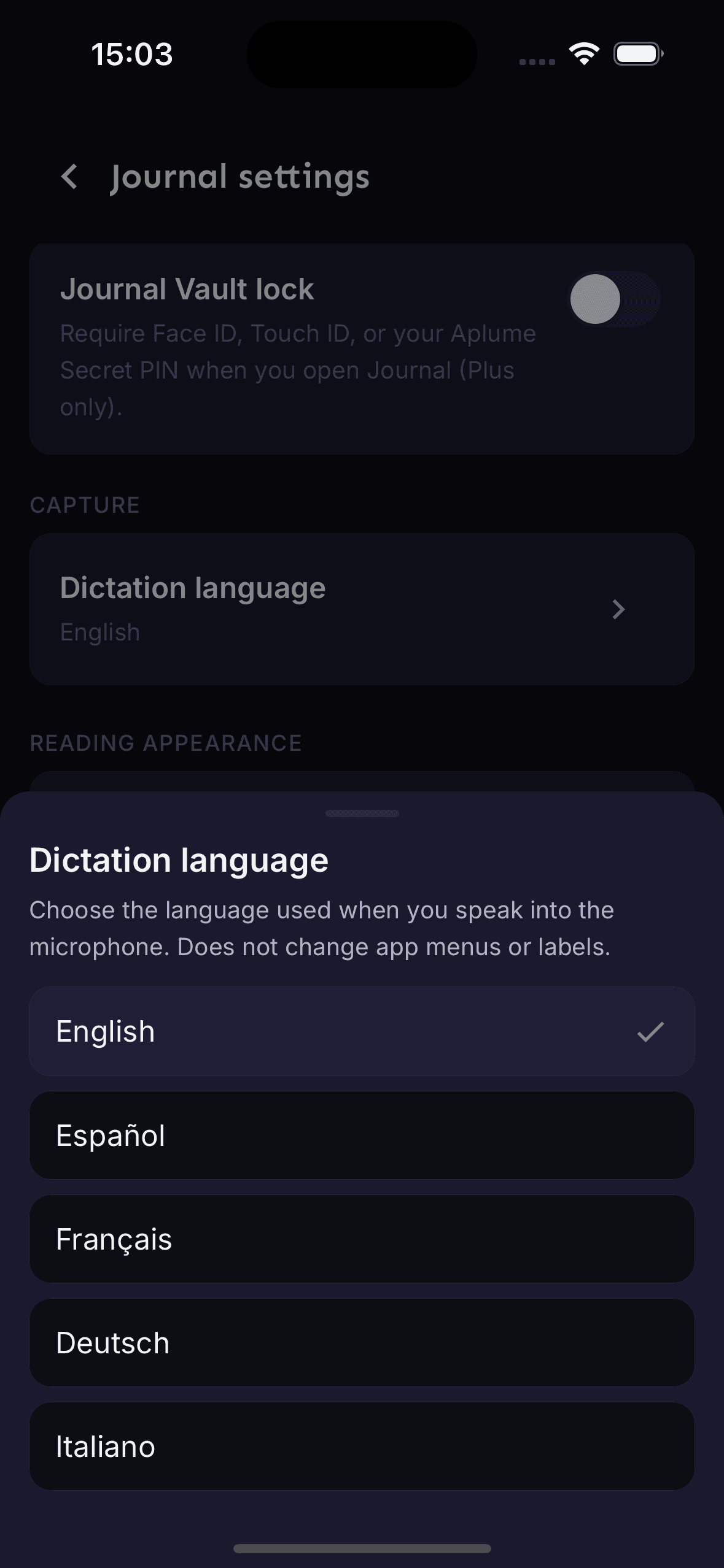 Dictation language picker for English, Spanish, French, German, and Italian