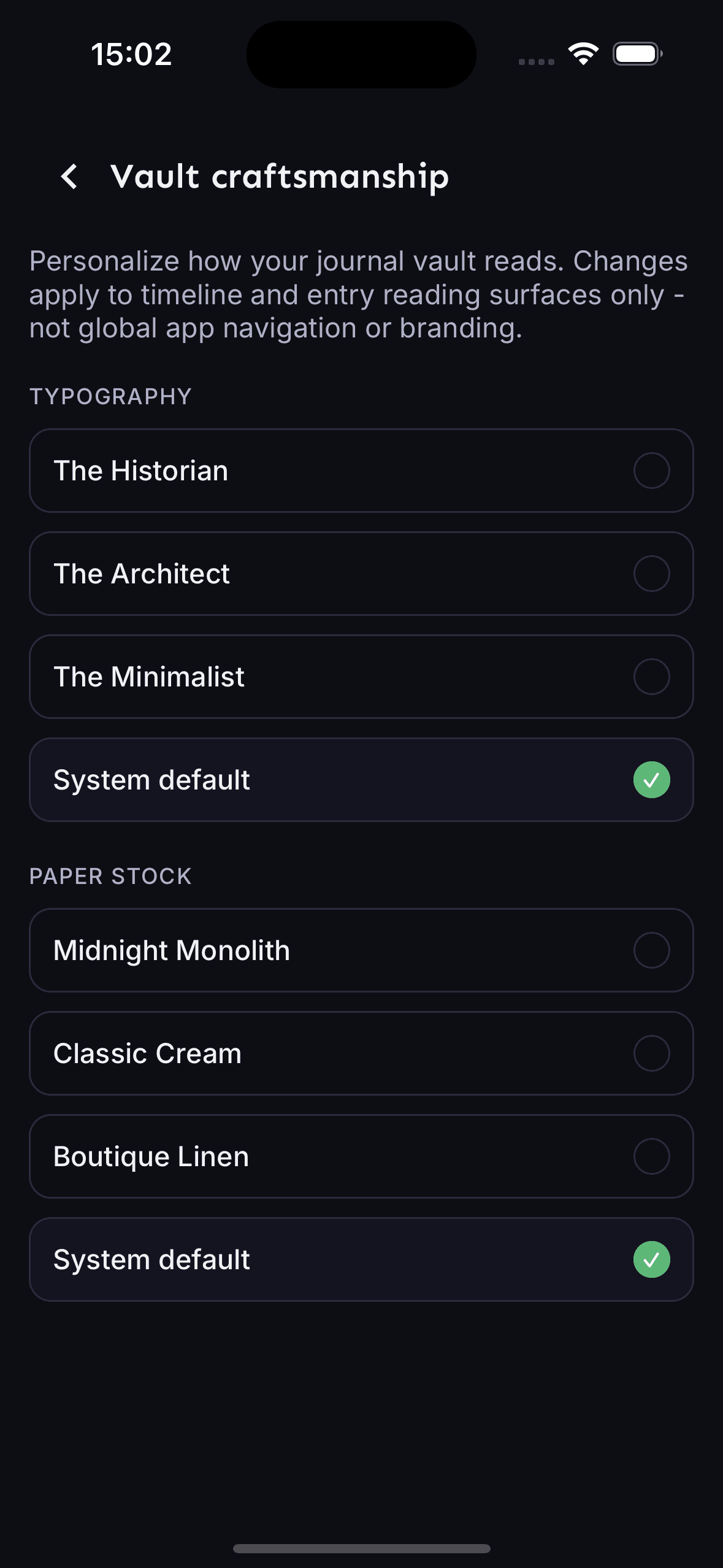 Vault craftsmanship settings showing typography and paper stock picker