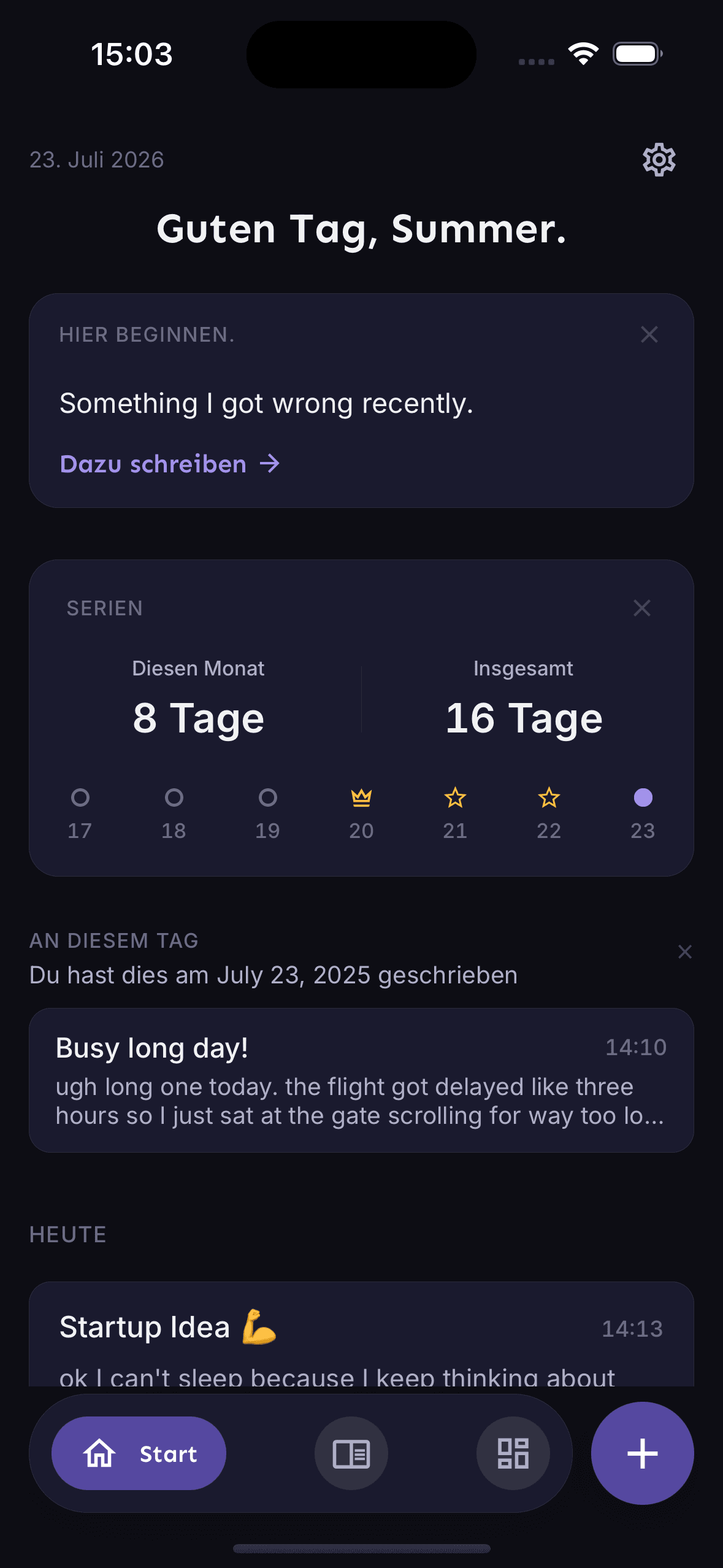 Home dashboard shown in German with Midnight Monolith theme
